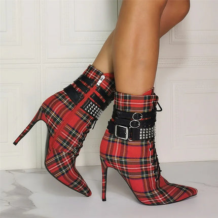 New Red Tartan Design Ankle Boots Lady Fashion Increasing Heel Spring Boots Sexy Female Platform Shoes With Buckle and Strap