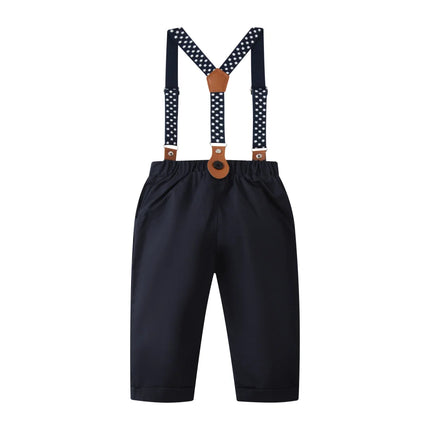 Gentleman Spring Autumn Outfit for Newborn Boy Cotton Baby First Formal Birthday Clothes Solid Pant with Strap Toddler Party Set