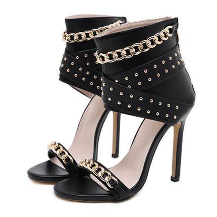 Aneikeh Sexy Rivet Metal Chain Sandals Boots Peep Toe Thin Heel Pumps Gladiator Sandalias Zipper Women High Shoes Summer 2025
