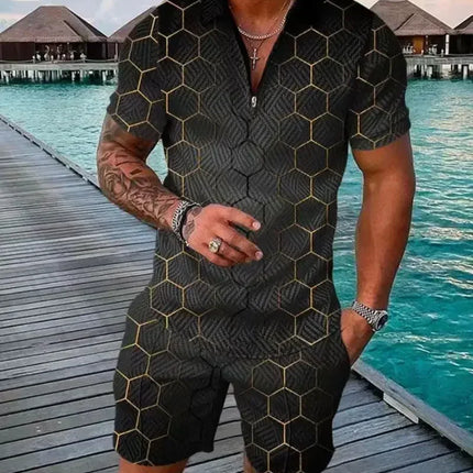 New 2025 Men's Polo Suit Fashion Men Sets Solid Summer V-neck Zipper Short Sleeve POLO Shirt+Shorts Two Pieces Men Casual Suit