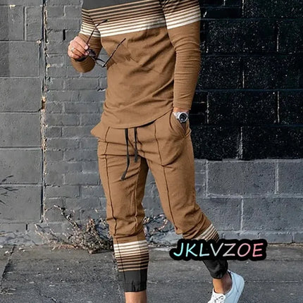 Autumn Men's Tracksuits Sets Print Long Sleeve T-shirt Trousers 2 Piece Outfits 3D Striped Streetwear Oversized Casual Suits
