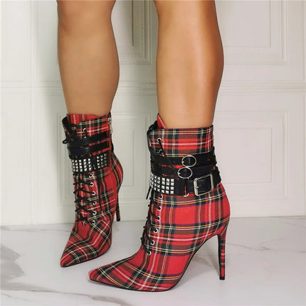 New Red Tartan Design Ankle Boots Lady Fashion Increasing Heel Spring Boots Sexy Female Platform Shoes With Buckle and Strap