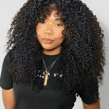 Kinky Curly Hair V Part Wigs No Leave Out Thin Part Human Hair Wigs For Beginners Afro Curly Glueless V Part Wigs Black Wig