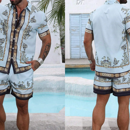 Baroque Luxury Printed Men's Shirt Shorts 2 Piece Set Summer Casual Shirt Hawaiian Beach Short-sleeved Men's Suits Clothing
