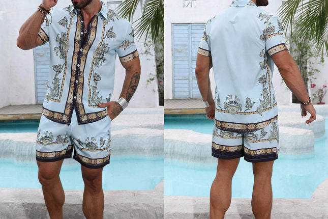 Baroque Luxury Printed Men's Shirt Shorts 2 Piece Set Summer Casual Shirt Hawaiian Beach Short-sleeved Men's Suits Clothing