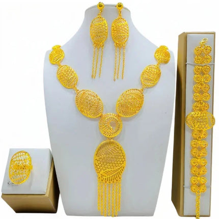 France Ethiopian Gold Color Jewelry Set For Women Dubai Necklace Bracelet Earrings Ring Set African Wedding Choker Wholesale