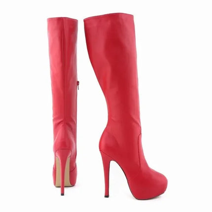 New Large Size Women Boots Autumn Winter Sexy 14cm Super High Heels Long Over Knee Long Boots Leather Round Toe Red Pumps Shoes