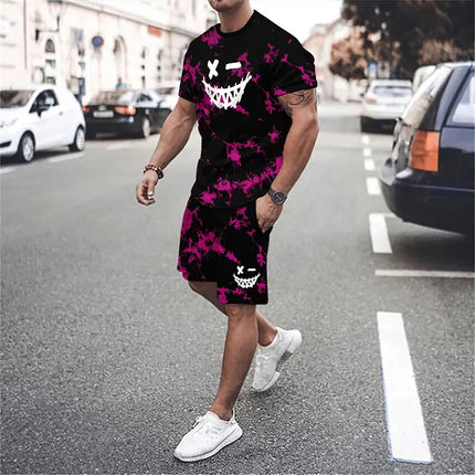 Funny 3D Demon Face Print Men Short Sleeve T-Shirt Shorts Two Piece Sets Hip Hop Trend Harajuku Streetwear Summer Casual Outfit