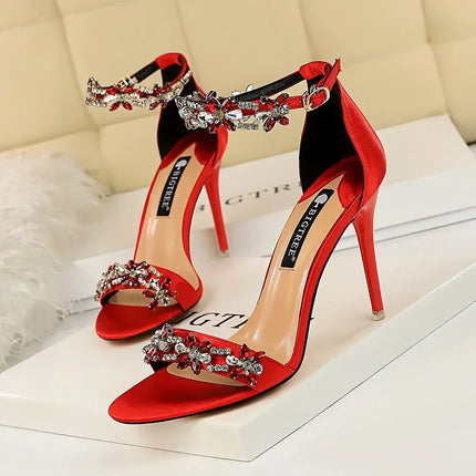 Soft Silk Open Toe Women Sandals 2024 Summer Luxury Crystal Ankle Buckle High Heels Shoes Bride Party Lady Green Red Black Pumps