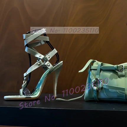 Green Buckle Cross Strap Heeled Sandals Women Open Toe Metal Rivets Flip-flops Ladies Luxury Summer Ankle Strap Stiletto Shoes