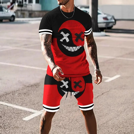 Funny 3D Demon Face Print Men Short Sleeve T-Shirt Shorts Two Piece Sets Hip Hop Trend Harajuku Streetwear Summer Casual Outfit