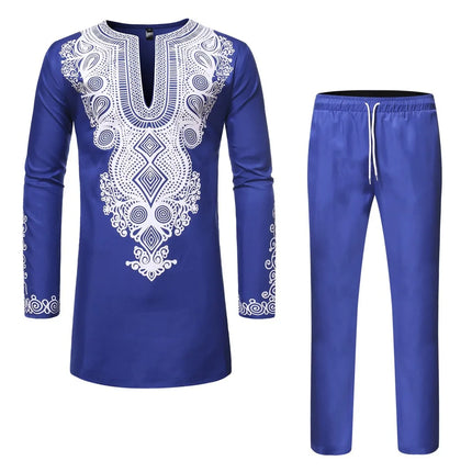 African Men's Shirt Pants Set Metallic Print Tops Long Sleeves Clothing V Neck Matching Traditional Suit With Trouser For Men