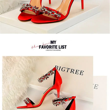 Soft Silk Open Toe Women Sandals 2024 Summer Luxury Crystal Ankle Buckle High Heels Shoes Bride Party Lady Green Red Black Pumps