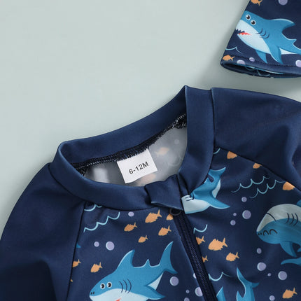 Toddler Baby Boys Swimsuit with Swim Cap Infant Rash Guard Summer Dinosaur/Shark Print Long Sleeve Zip Bathing Suit Beachwear