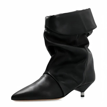 Arden Furtado 2025 Spring leopard print Large tubular boots Pointed toe Slip-on Pleated Middle heel Modern boots Short boots