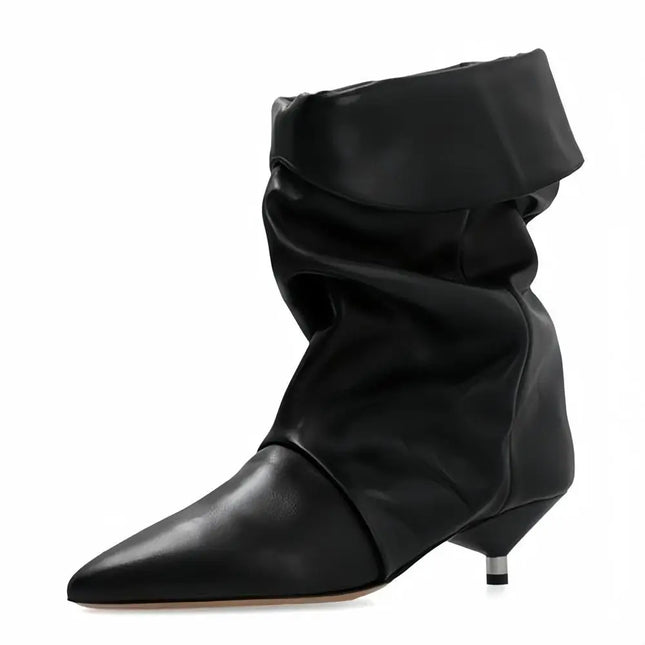 Arden Furtado 2025 Spring leopard print Large tubular boots Pointed toe Slip-on Pleated Middle heel Modern boots Short boots