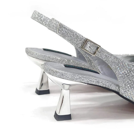 Newest Arrivals Special Design Silver Color African Women Shoes and Bag Set Pointed Toe Pumps for Wedding Party