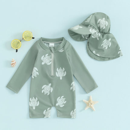 Infant Baby Boys Rash Guard with Swim Cap Long Sleeve Swimwear Turtle/Dinosaur Print Beachwear Toddler Swimwear Bathing Suit