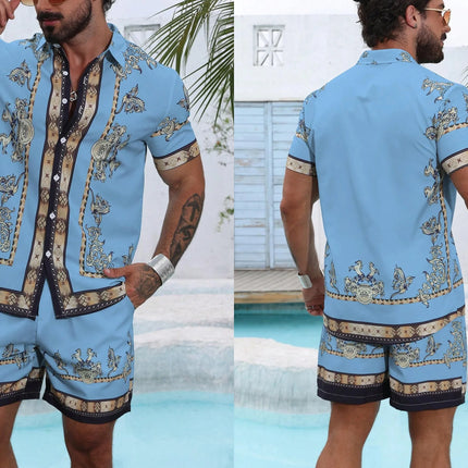 Baroque Luxury Printed Men's Shirt Shorts 2 Piece Set Summer Casual Shirt Hawaiian Beach Short-sleeved Men's Suits Clothing