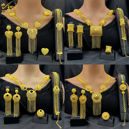 ANIID Dubai 24K Gold Color Long Jewelry Sets Wedding African Necklace Earrings For Women Nigerian Indian Bridal Set Party Gifts