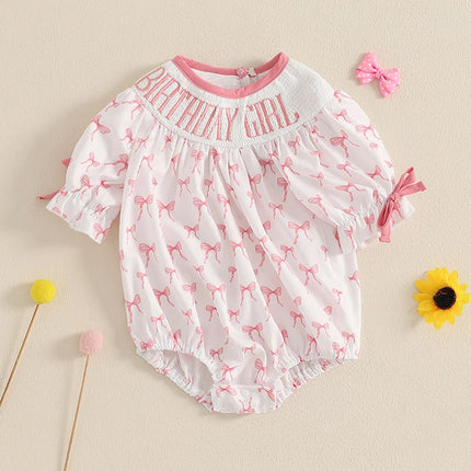 6M-18M Toddler Baby Girl Birthday Outfit Smocked Birthday Girl Embroidery Romper Bow Print Bodysuit Summer Outfit