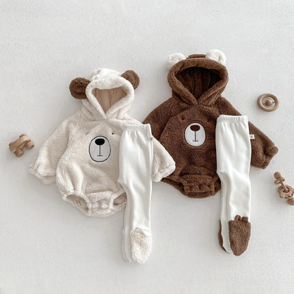 Baby Hooded Romper Bear Ears Cute Plush Baby Clothes Winter 0-2 Years Old Korean version Baby Clothes Baby Romper