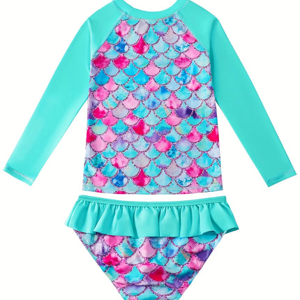 2-Piece Swimsuit Long-Sleeved Swimwear Kids Girl Crew Neck Scale Print Tops & Ruffle Detail Bikini Cut Briefs Swimming Suit 2025