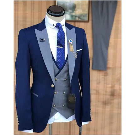 Dark Blue Men Suits 3 Pieces One Button Peaked Lapel Wedding Party Man Suit With Grey Vest Business Wedding Tuxedos Groom Dress