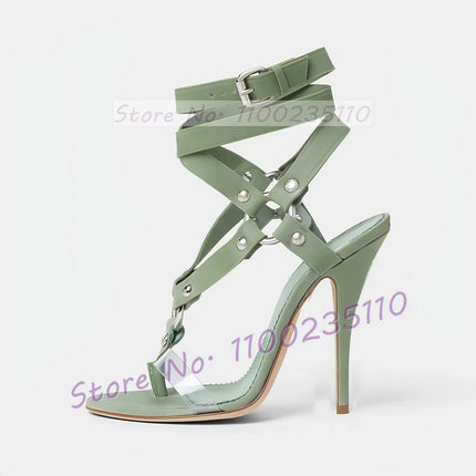 Green Buckle Cross Strap Heeled Sandals Women Open Toe Metal Rivets Flip-flops Ladies Luxury Summer Ankle Strap Stiletto Shoes