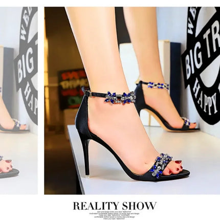 Soft Silk Open Toe Women Sandals 2024 Summer Luxury Crystal Ankle Buckle High Heels Shoes Bride Party Lady Green Red Black Pumps