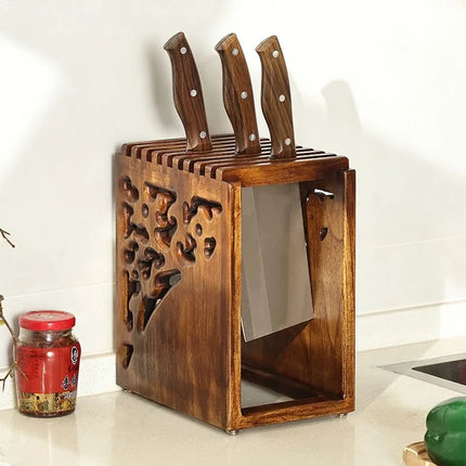 Solid Wood Knife Rack Kitchen Accessories Knife Organizer Wooden Ventilated Drainage Carved Skeleton Mortise and Tenon Design