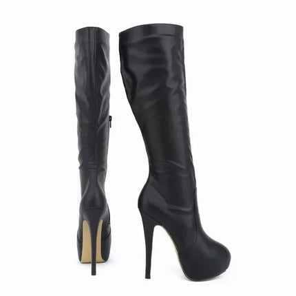 New Large Size Women Boots Autumn Winter Sexy 14cm Super High Heels Long Over Knee Long Boots Leather Round Toe Red Pumps Shoes