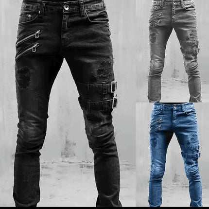 Men Jeans Denim Pencil Pants Mid Waist Moto Biker Washing Pockets Slim Slight Strech Sheath Ankle Length Zipper Fly 2024