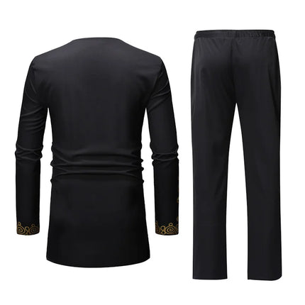 African Men's Shirt Pants Set Metallic Print Tops Long Sleeves Clothing V Neck Matching Traditional Suit With Trouser For Men