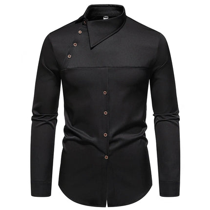 Fashion Man Stand Collar Shirt  Personality Oblique Button Irregular Long Sleeve Business Festival Hombre Mens Dress Shirts