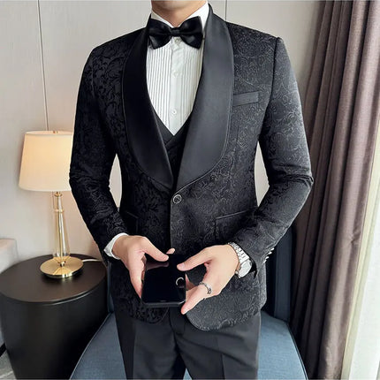 New (Blazer+vest+pants) for Men. Fashion. Casual. British Style. Singer Performance. High Density Jacquard Wedding Dress. Suit