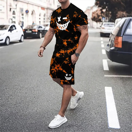 Funny 3D Demon Face Print Men Short Sleeve T-Shirt Shorts Two Piece Sets Hip Hop Trend Harajuku Streetwear Summer Casual Outfit