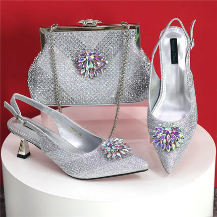 Newest Arrivals Special Design Silver Color African Women Shoes and Bag Set Pointed Toe Pumps for Wedding Party