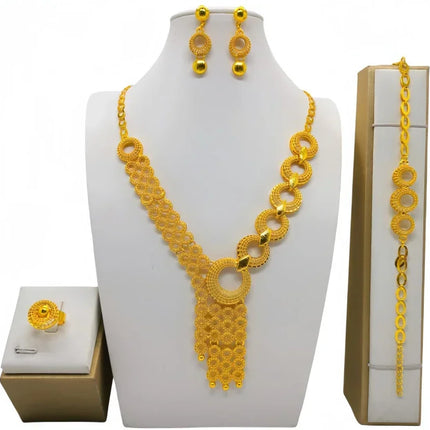 France Ethiopian Gold Color Jewelry Set For Women Dubai Necklace Bracelet Earrings Ring Set African Wedding Choker Wholesale