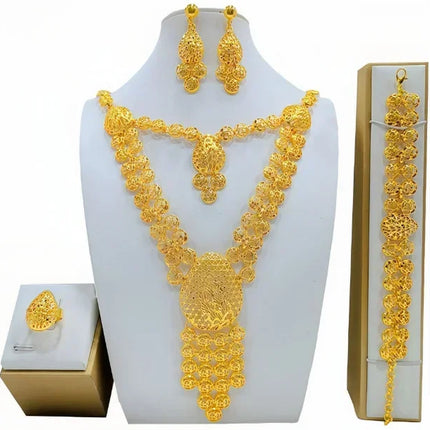 France Ethiopian Gold Color Jewelry Set For Women Dubai Necklace Bracelet Earrings Ring Set African Wedding Choker Wholesale
