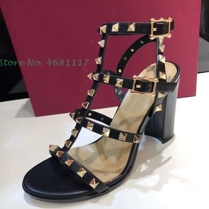 Rivets T-Strap Summer Heels Sandals Women's Luxury Trendy Chunky Heels Sandals Studded Slingback Casual Summer White Party Shoes