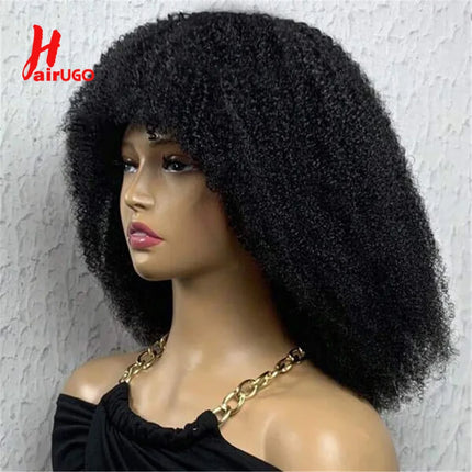 250% Afro Kinky Human Hair Wig With Bangs Machine Made Afro Kinky Curly Wigs For Women Brazilian Glueless Wigs 12“-16“ HairUGo