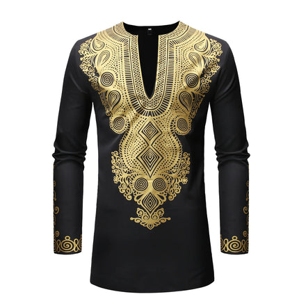 African Men's Shirt Pants Set Metallic Print Tops Long Sleeves Clothing V Neck Matching Traditional Suit With Trouser For Men