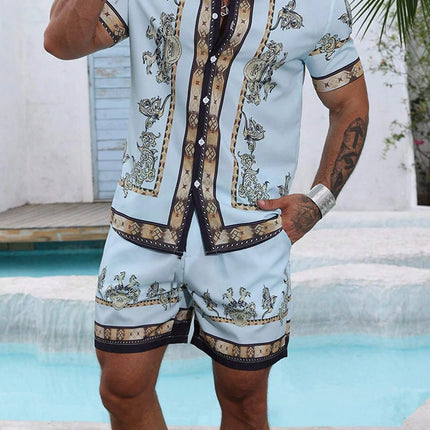 Baroque Luxury Printed Men's Shirt Shorts 2 Piece Set Summer Casual Shirt Hawaiian Beach Short-sleeved Men's Suits Clothing