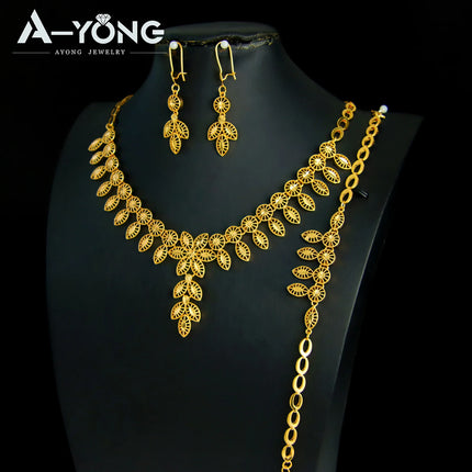 Luxury Dubai Wedding Jewelry Set 21k Gold Plated Arab Bridal Gold Necklace Bracelet Earrings Brazilian Women Vintage Jewelrys