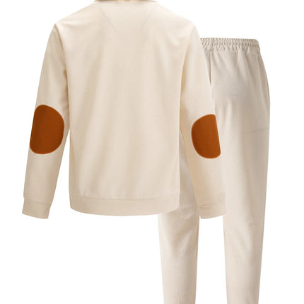 Men's new autumn style American stand-up collar button elbow patch color-block long-sleeve hoodie and pants set