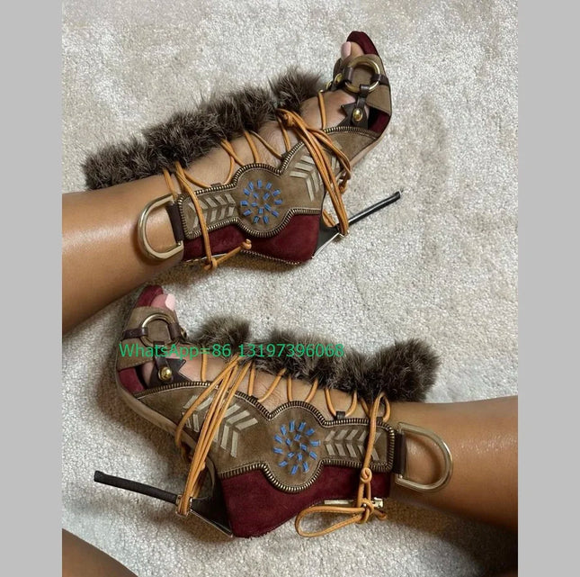 Lady Cowboy Style Fur Peep Toe Pumps Footwear Lace-Up Cut-Out Open Toe Back Zip Lace-Up Brown Cowboy High Heels Fall Size 35-45