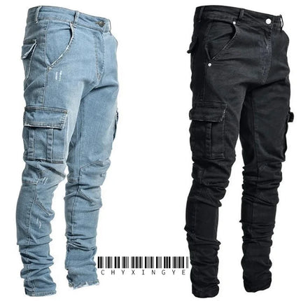 new Jeans Men Pants Wash Solid Color Multi Pockets Denim Mid Waist Cargo Jeans Plus Size Fahsion Casual Trousers Male Daily Wear