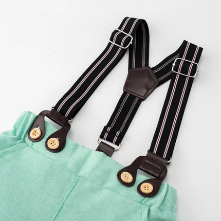 Gentleman Spring Autumn Outfit for Newborn Boy Cotton Baby First Formal Birthday Clothes Solid Pant with Strap Toddler Party Set