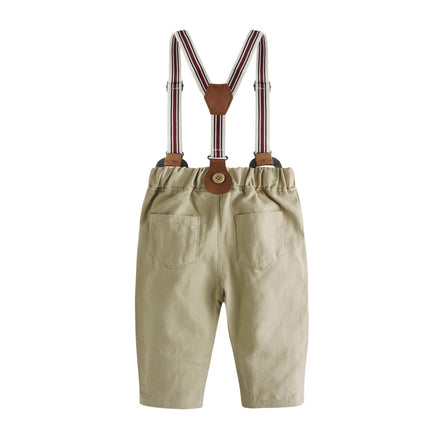 Gentleman Spring Autumn Outfit for Newborn Boy Cotton Baby First Formal Birthday Clothes Solid Pant with Strap Toddler Party Set